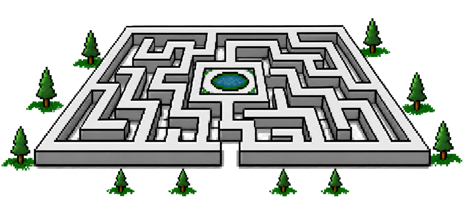 A pixel-art stone labyrinth with evergreen trees, a central pool, and a front entrance