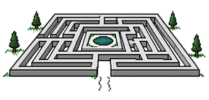 A small line-art labyrinth with trees, a circular center, and an entrance path